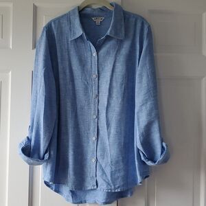 ORVIS BRIGHT BLUE LINEN BUTTON COLLAR BLOUSE TOP SIZE LARGE COASTAL BEACHY
